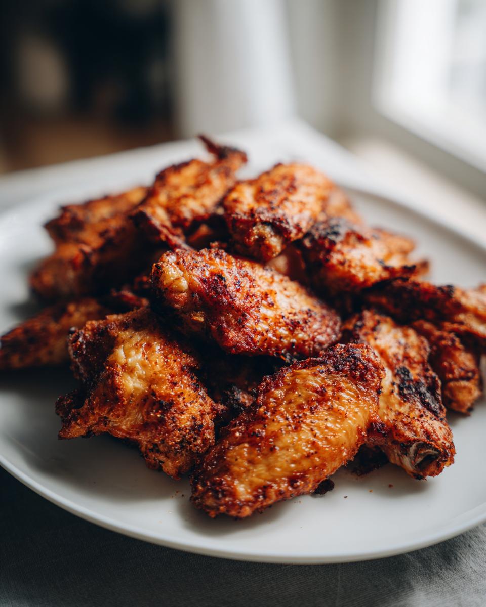 Primer plano de una pila de alitas de pollo crujientes y doradas servidas en un plato blanco.