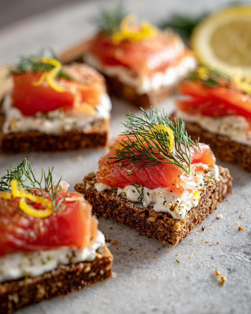 Primer plano de aperitivos de año nuevo con salmón ahumado, queso crema, eneldo y ralladura de limón sobre pan integral.