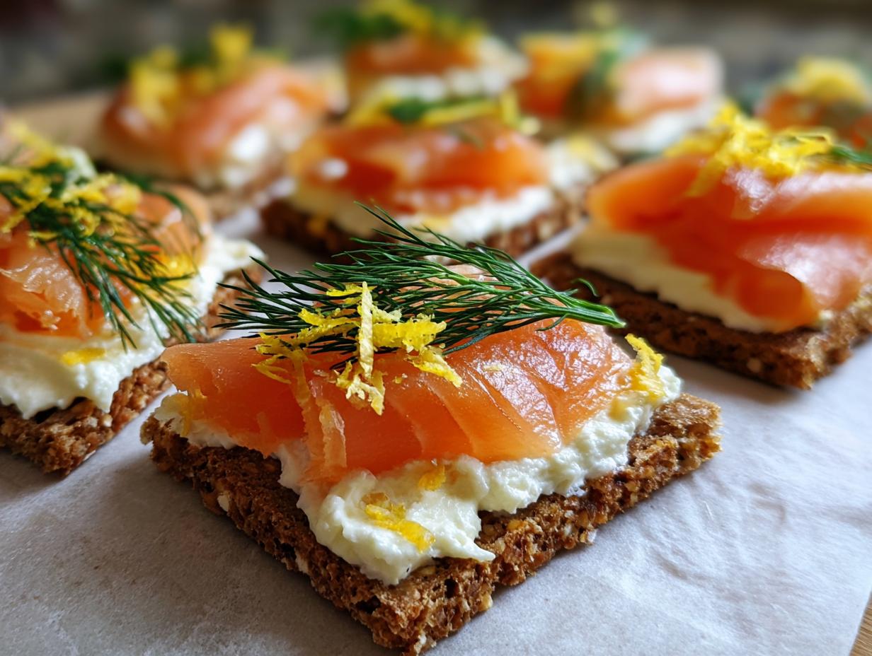 Primer plano de aperitivos de año nuevo con salmón ahumado, queso crema, eneldo y ralladura de limón sobre pan integral.