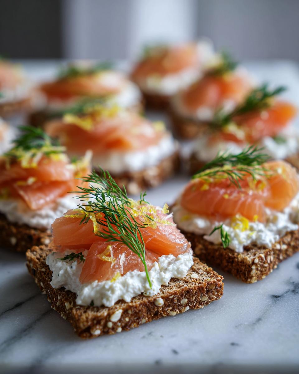 Primer plano de aperitivos de Año Nuevo con salmón ahumado, queso crema y eneldo sobre pan integral.