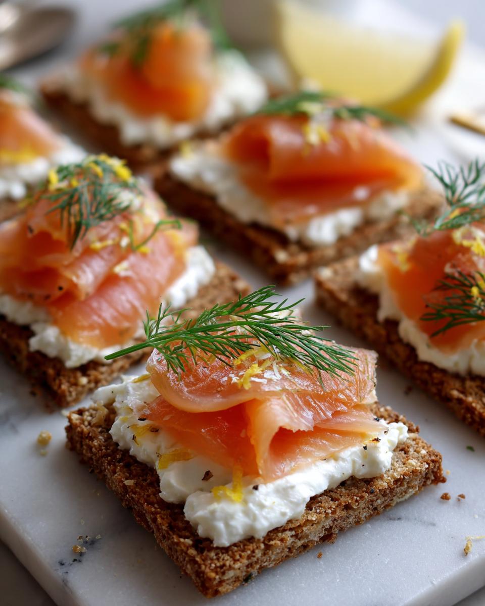 Primer plano de aperitivos de Año Nuevo con salmón ahumado, queso crema y eneldo sobre galletas integrales.