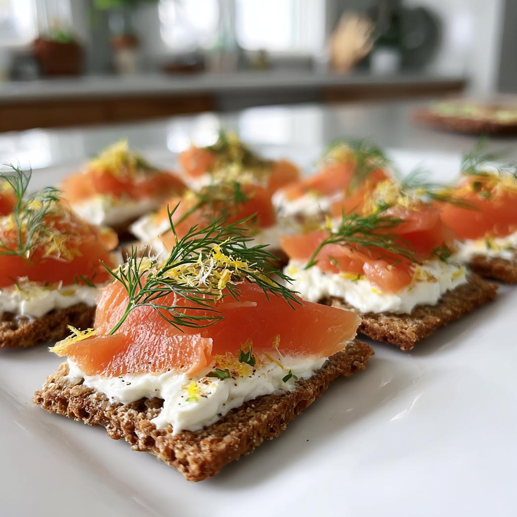 Primer plano de aperitivos de Año Nuevo con salmón ahumado, queso crema y eneldo sobre galletas integrales.
