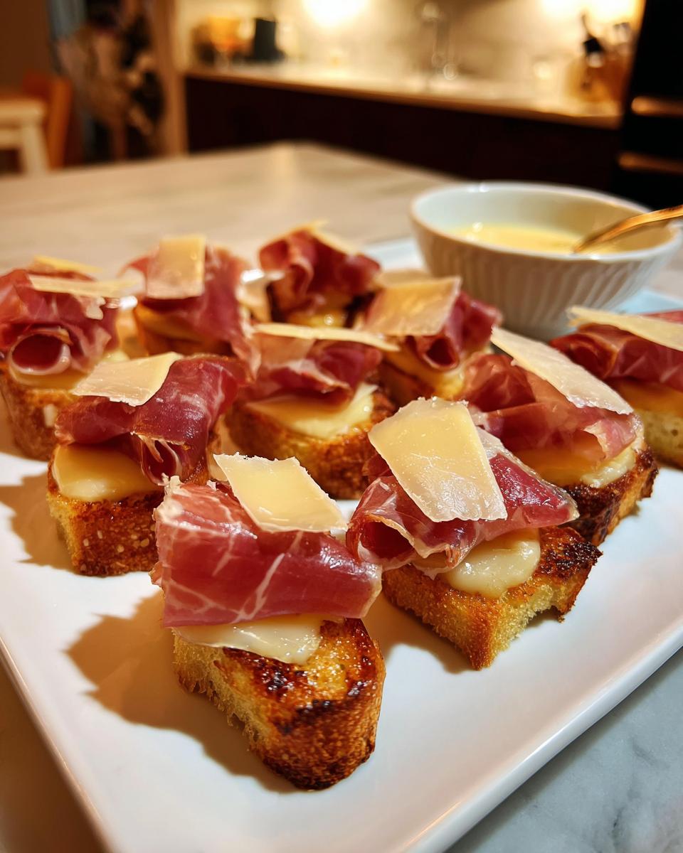 Primer plano de aperitivos para Nochevieja: tostas de pan crujiente con queso derretido y jamón serrano.