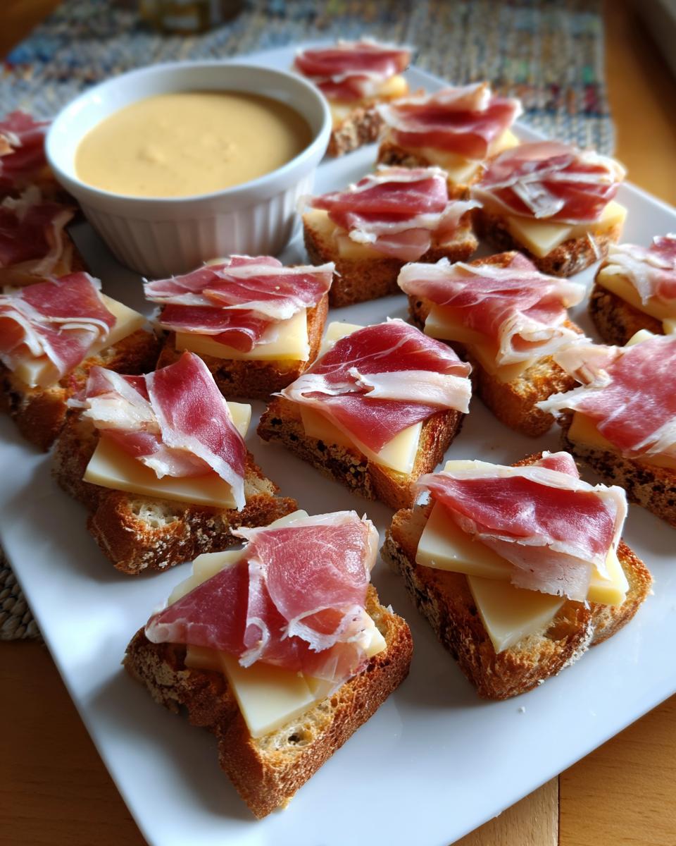 Bandeja de aperitivos para Nochevieja con pan tostado, queso y jamón serrano, acompañados de una salsa.