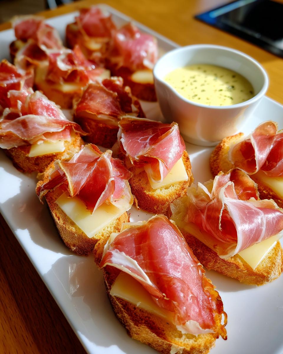 Primer plano de aperitivos para Nochevieja: rebanadas de pan tostado con queso y jamón serrano, acompañadas de una salsa amarilla.