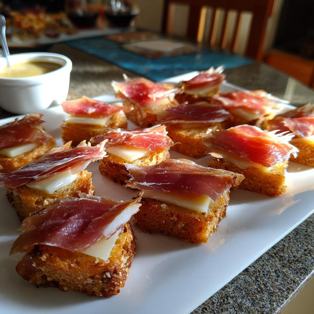 Primer plano de aperitivos para Nochevieja: rebanadas de pan tostado con queso y jamón serrano.