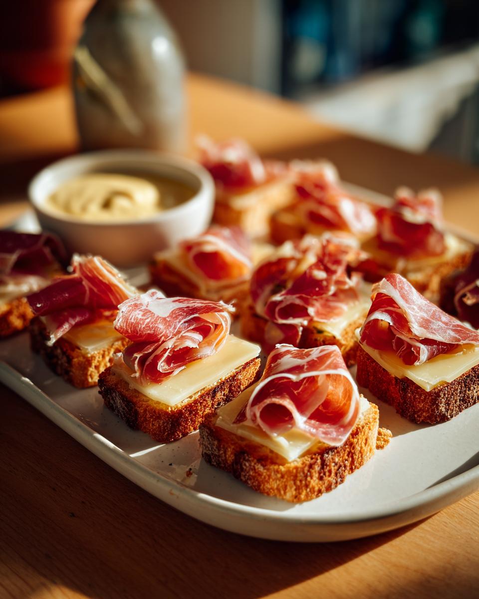 Primer plano de tostas con jamón serrano y queso, perfectos aperitivos para Nochevieja.