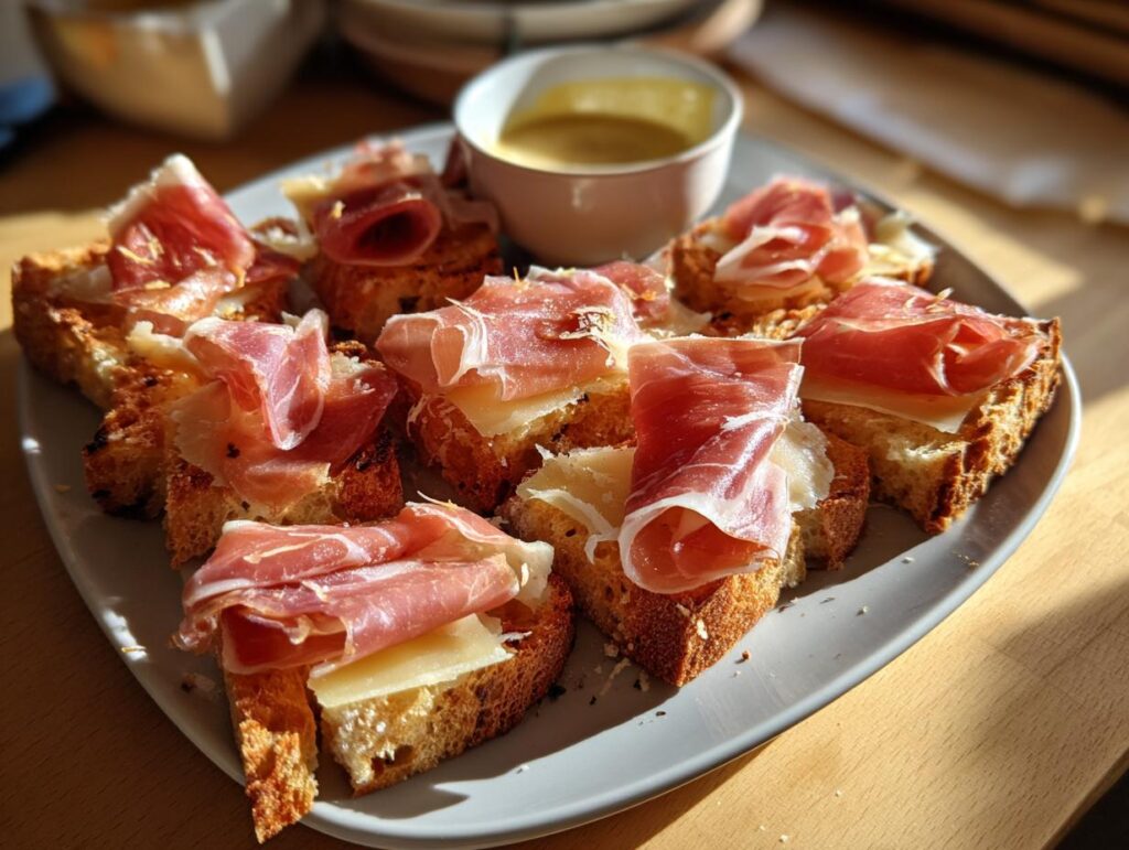 Primer plano de deliciosas tostas con jamón serrano y queso, perfectos aperitivos para nochevieja.