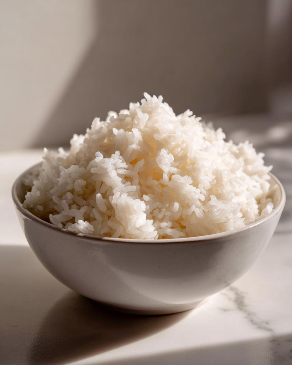 Un tazón de arroz blanco cocido, perfecto para acompañar recetas con arroz fáciles.