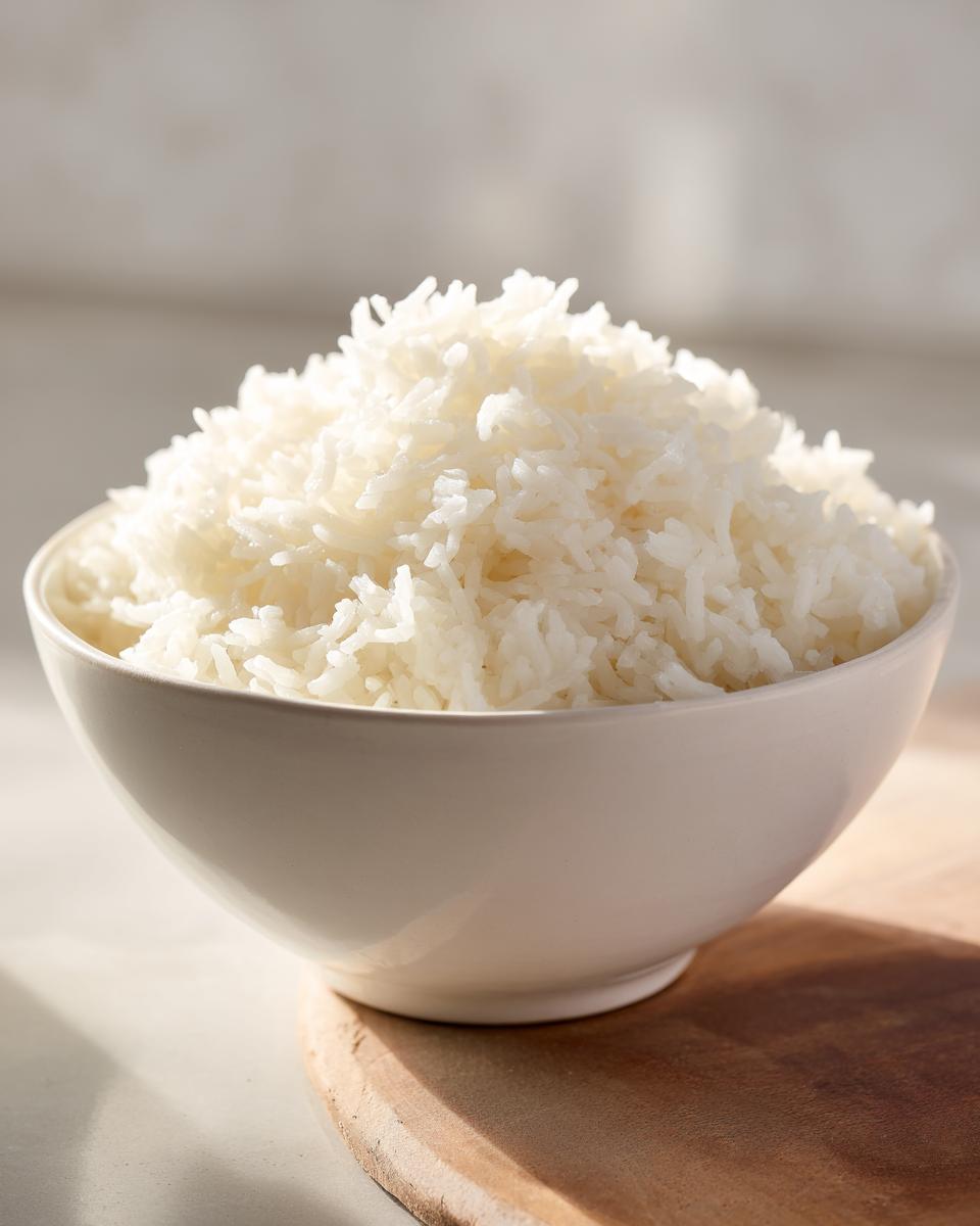 Primer plano de un tazón de arroz blanco cocido, perfecto para recetas con arroz fáciles.