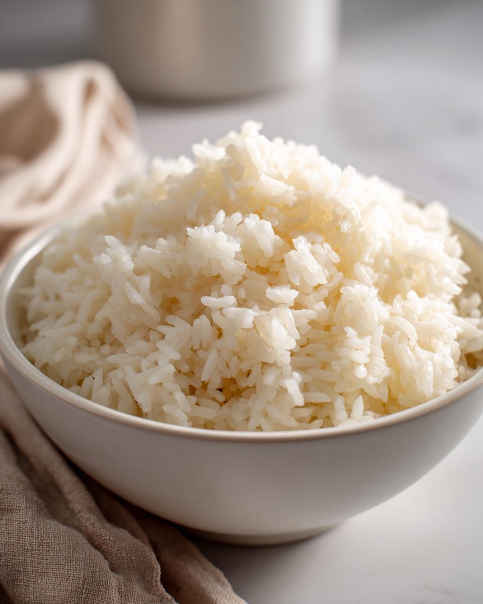 Primer plano de un cuenco lleno de arroz blanco cocido, perfecto para recetas con arroz fáciles.