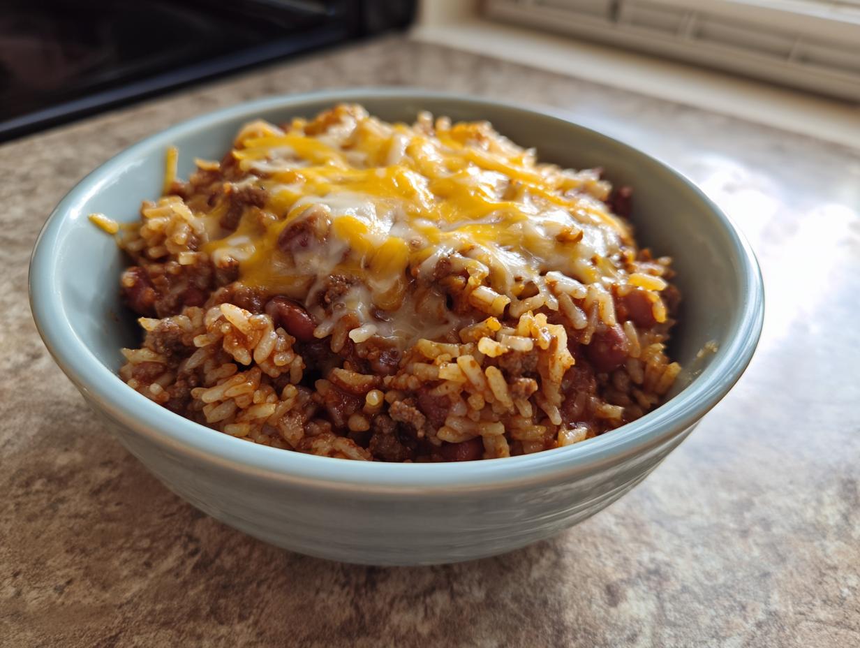 Bol de arroz con carne molida, frijoles rojos y queso gratinado, una de las recetas económicas para familia.