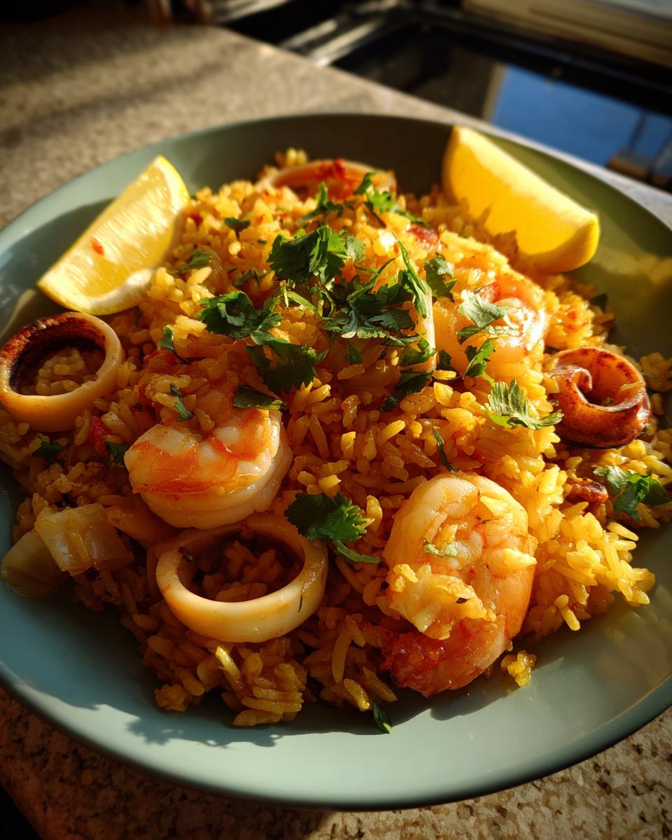 Primer plano de un plato de arroz con mariscos, adornado con camarones, anillas de calamar y perejil fresco.