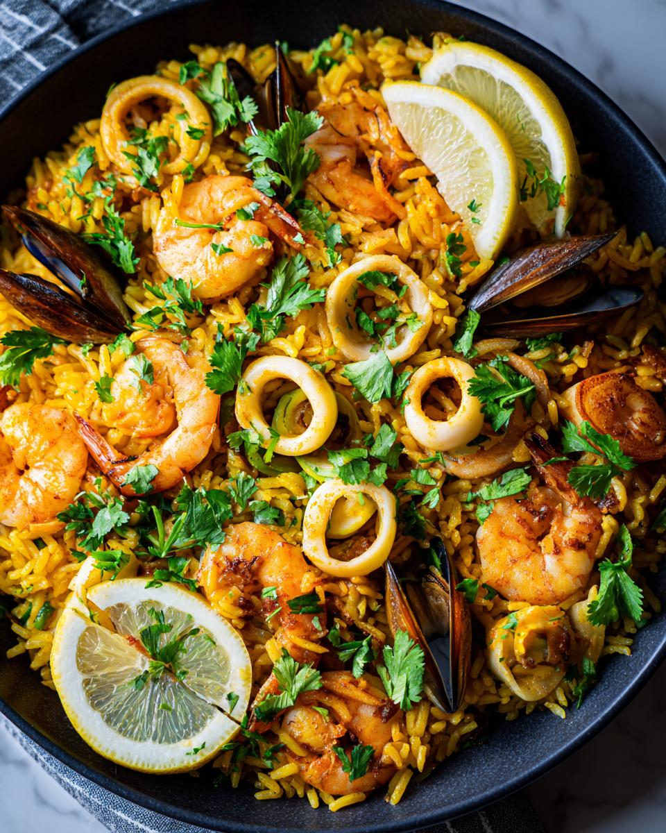 Primer plano de un plato de arroz con mariscos, con camarones, calamares, mejillones y rodajas de limón.