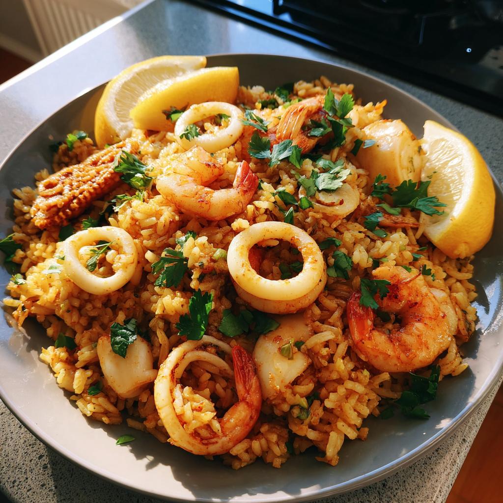 Plato de arroz con mariscos, camarones, calamares y rodajas de limón, decorado con perejil fresco.