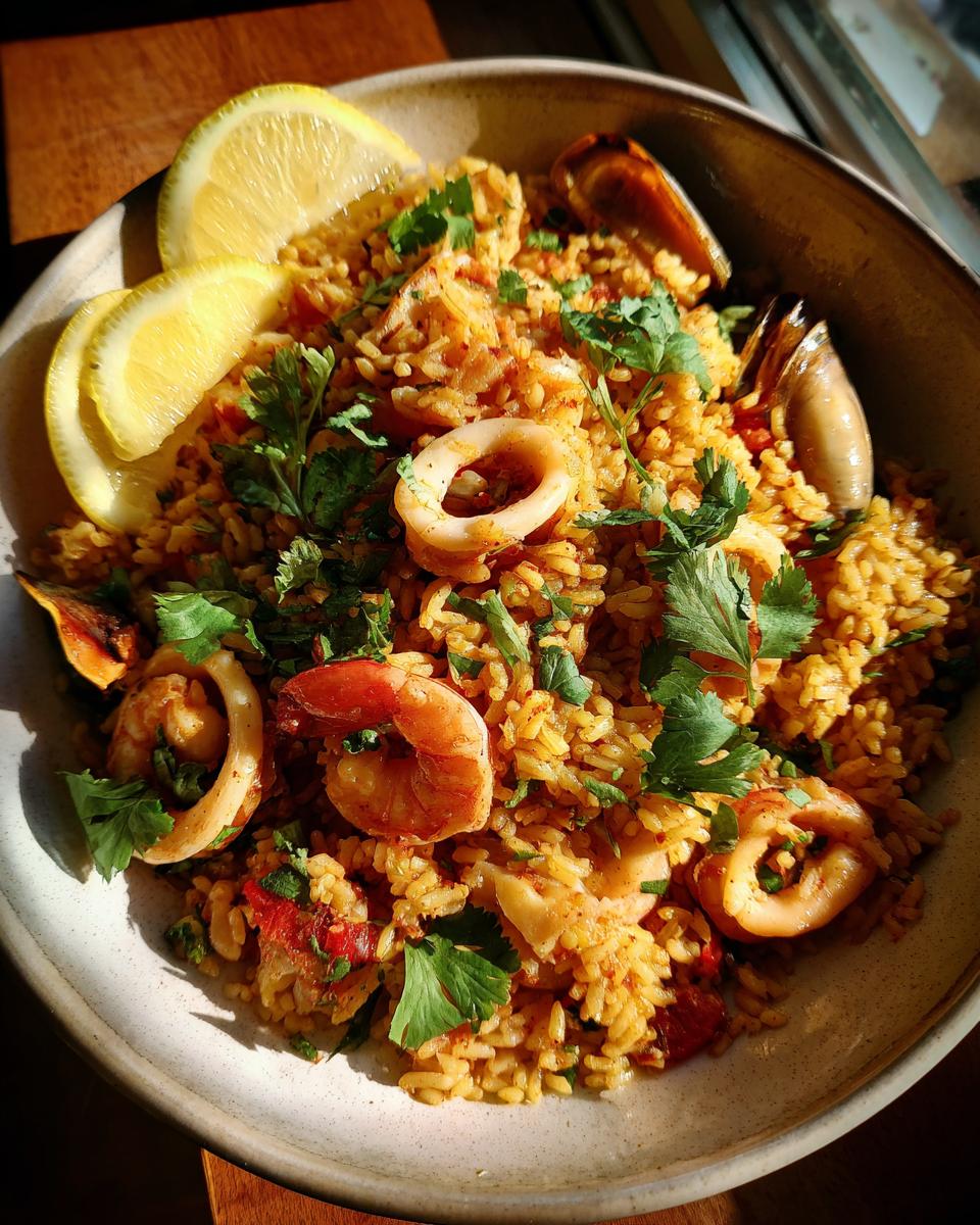 Primer plano de un plato de arroz con mariscos, con gambas, calamares y mejillones, decorado con perejil y gajos de limón.