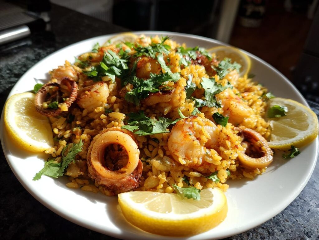 Primer plano de un plato de arroz con mariscos con gambas, calamares y rodajas de limón, decorado con perejil fresco.