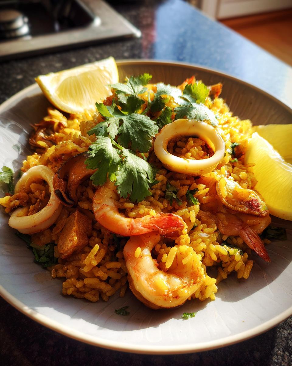 Primer plano de un plato de arroz con mariscos, con gambas, anillas de calamar, mejillones y gajos de limón.