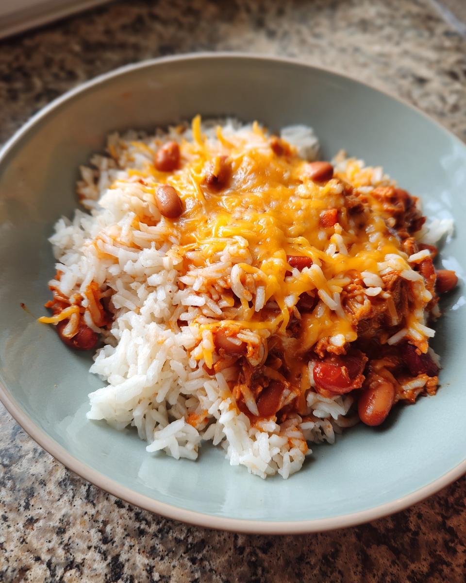 Plato de arroz blanco cubierto con frijoles y queso derretido, una de las recetas económicas para familia.