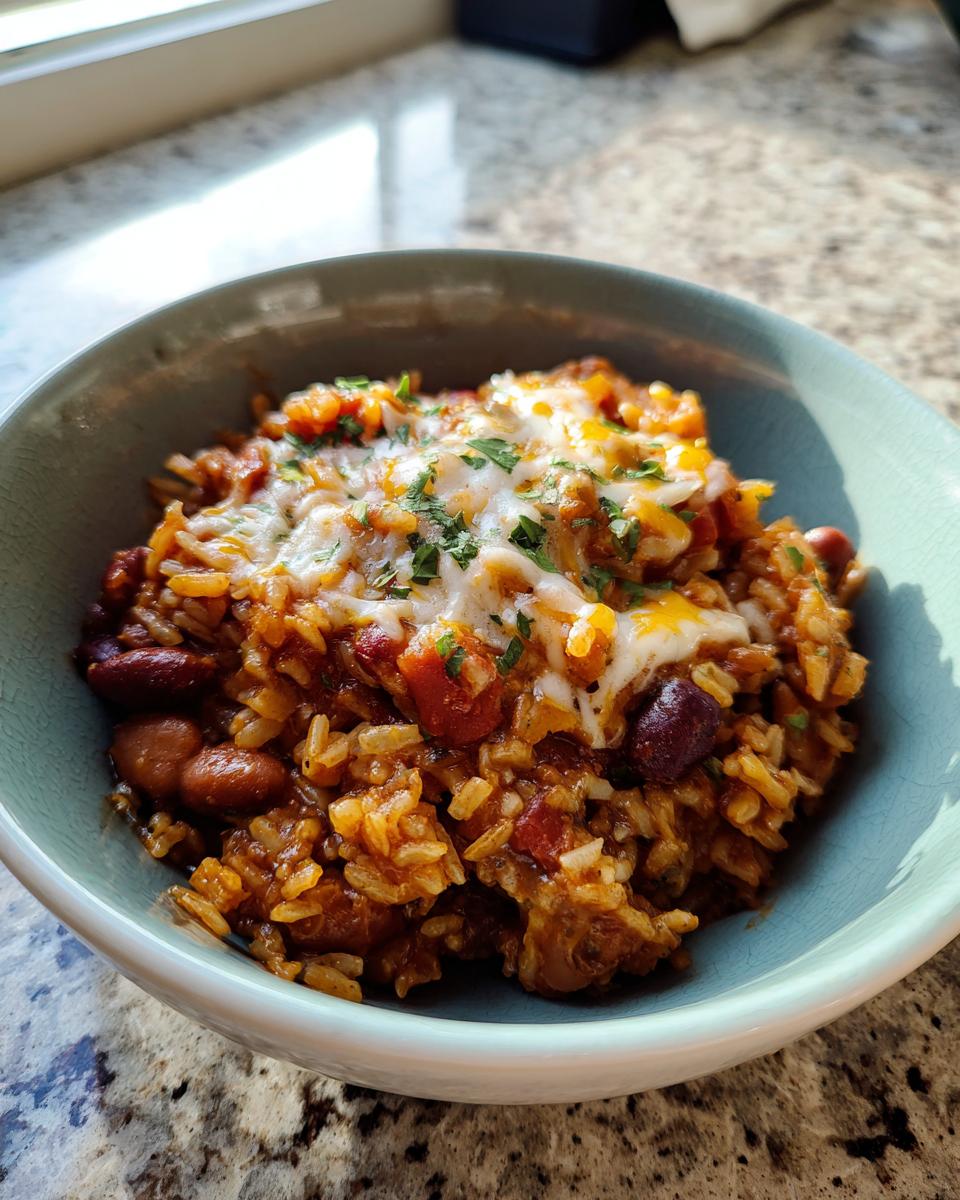 Primer plano de un tazón de arroz con frijoles rojos, trozos de tomate y queso derretido, espolvoreado con perejil picado. Una de las recetas económicas para familia.
