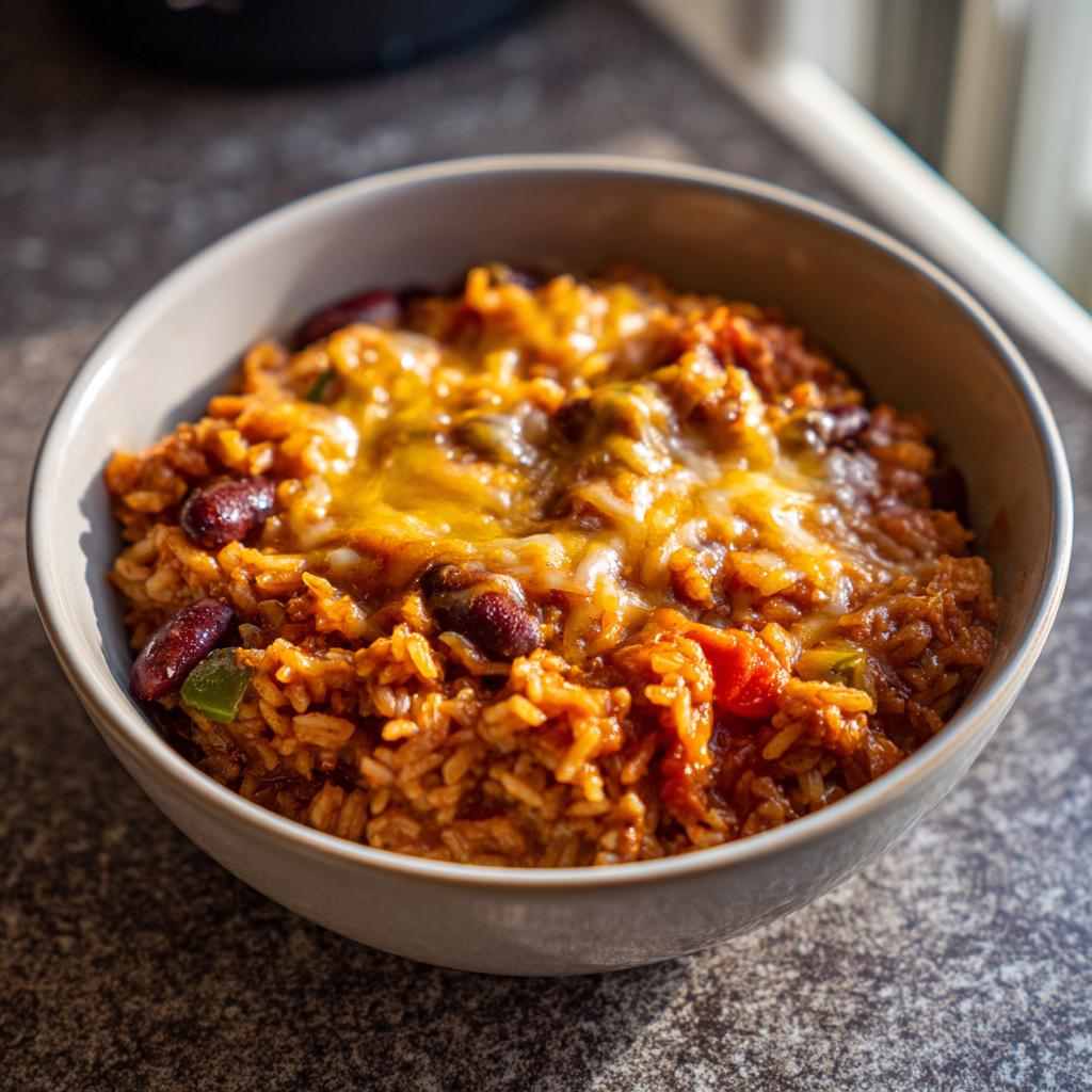 Un cuenco de arroz con frijoles rojos, pimientos verdes y queso derretido, una de las recetas económicas para familia.