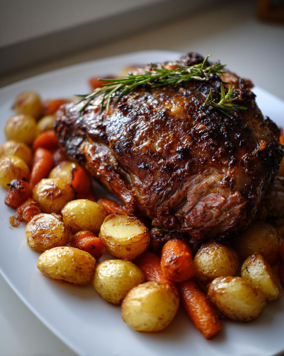 Primer plano de un asado jugoso y dorado, acompañado de patatas pequeñas asadas y zanahorias, perfecto para una cena de Año Nuevo.