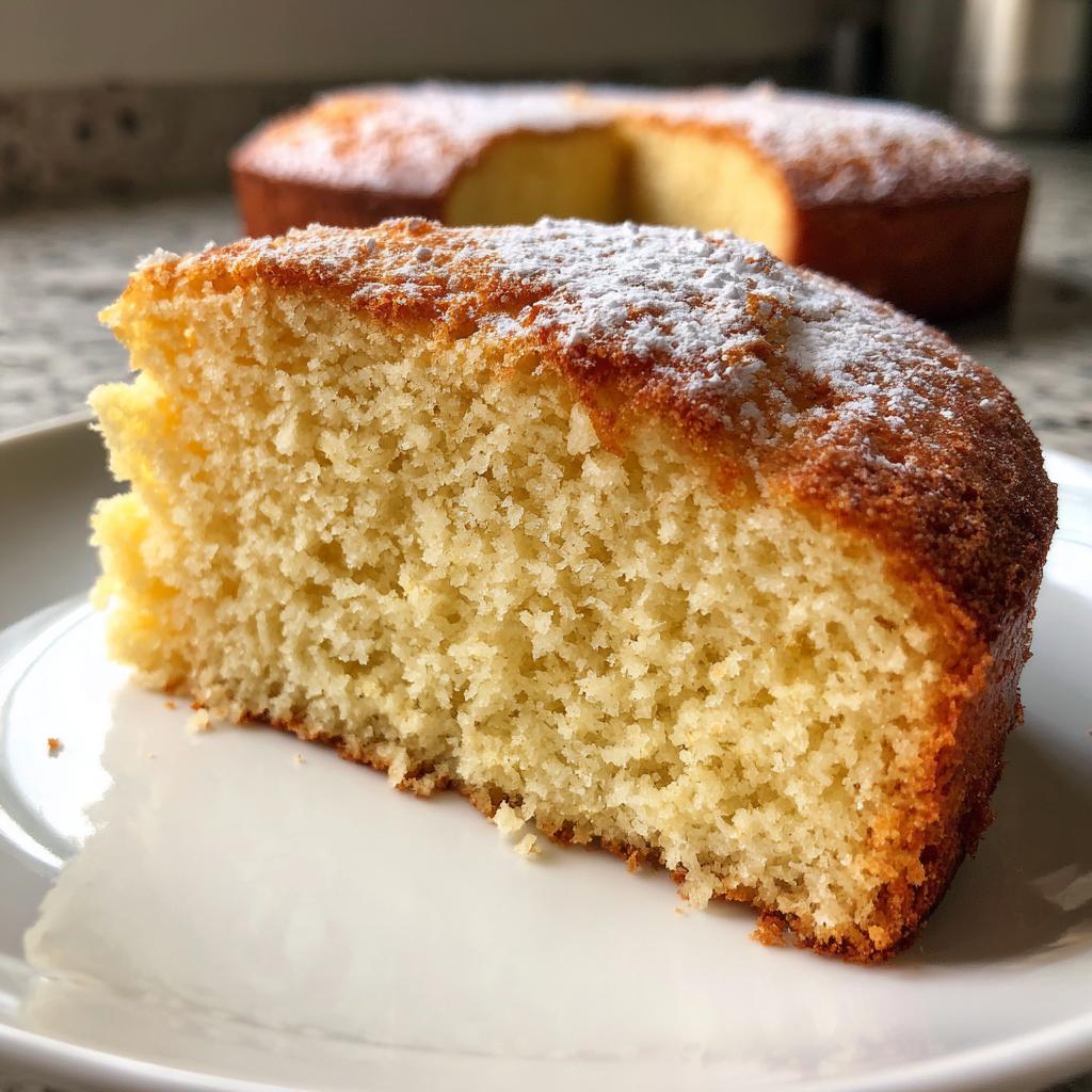 Primer plano de una porción de bizcocho esponjoso perfecto espolvoreado con azúcar glas.