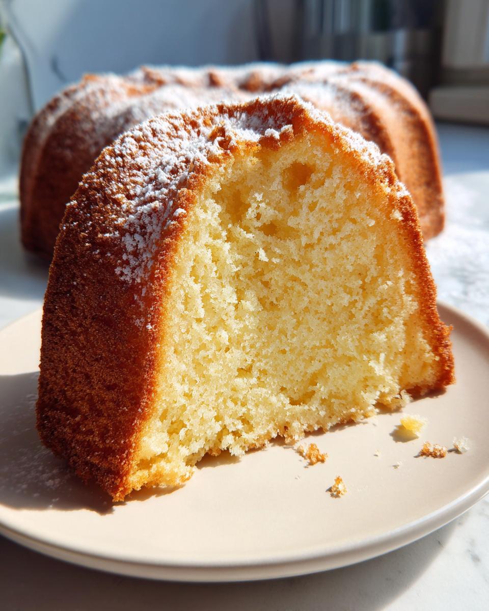 Primer plano de una rebanada de bizcocho esponjoso perfecto espolvoreado con azúcar glas.