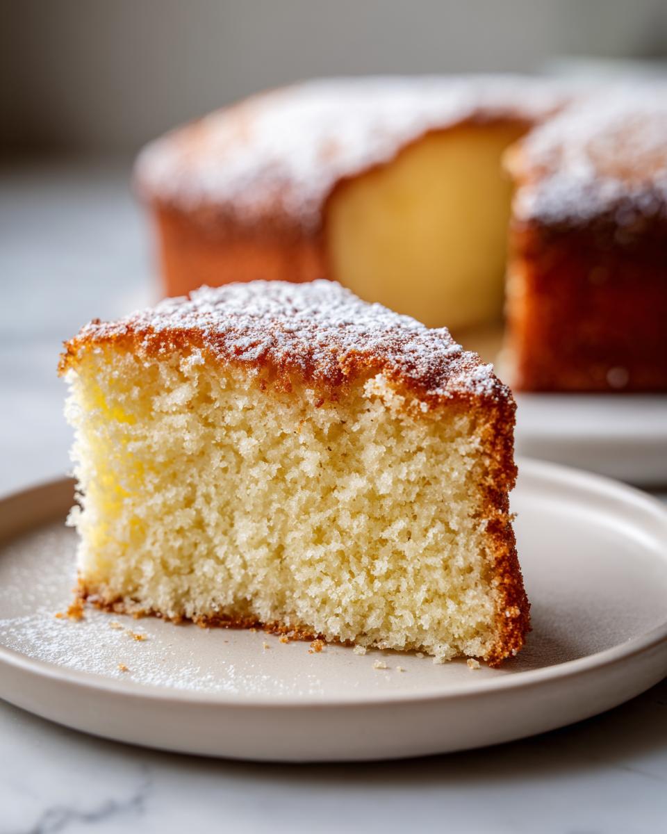 Primer plano de una rebanada de bizcocho esponjoso espolvoreado con azúcar glas, con el bizcocho entero desenfocado al fondo.