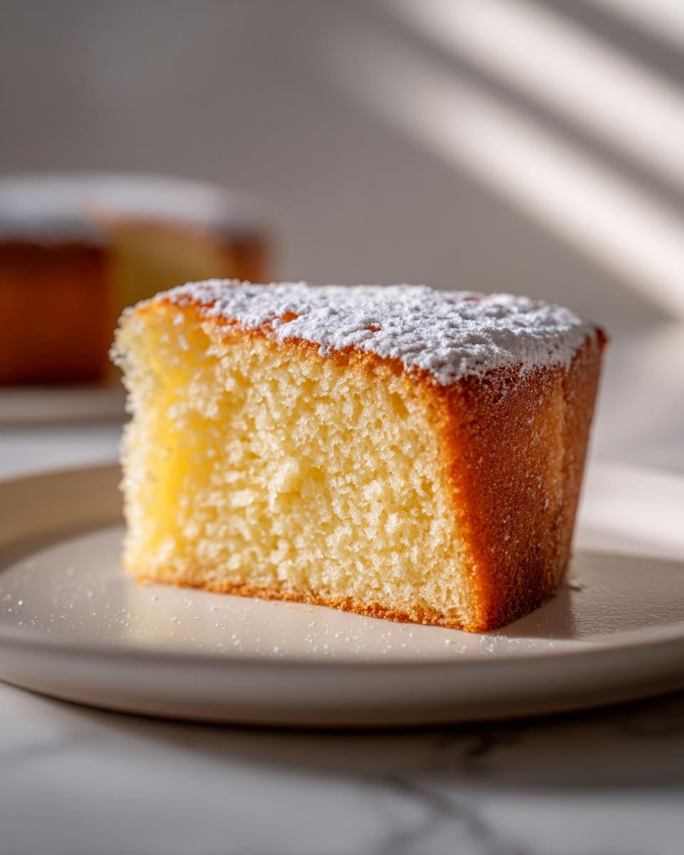 Primer plano de una rebanada de bizcocho esponjoso, espolvoreada con azúcar glas, sobre un plato.