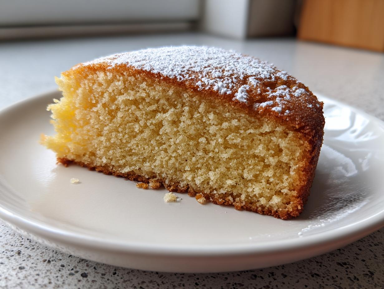 Primer plano de una rebanada de bizcocho esponjoso espolvoreada con azúcar glas sobre un plato blanco.