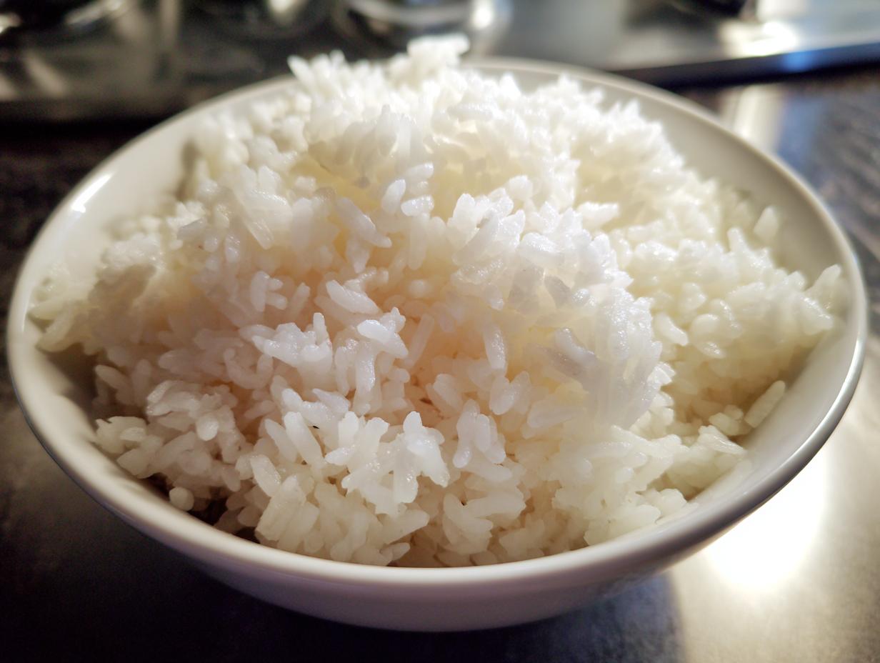 Primer plano de un bol lleno de arroz blanco cocido, listo para servir en recetas con arroz fáciles.