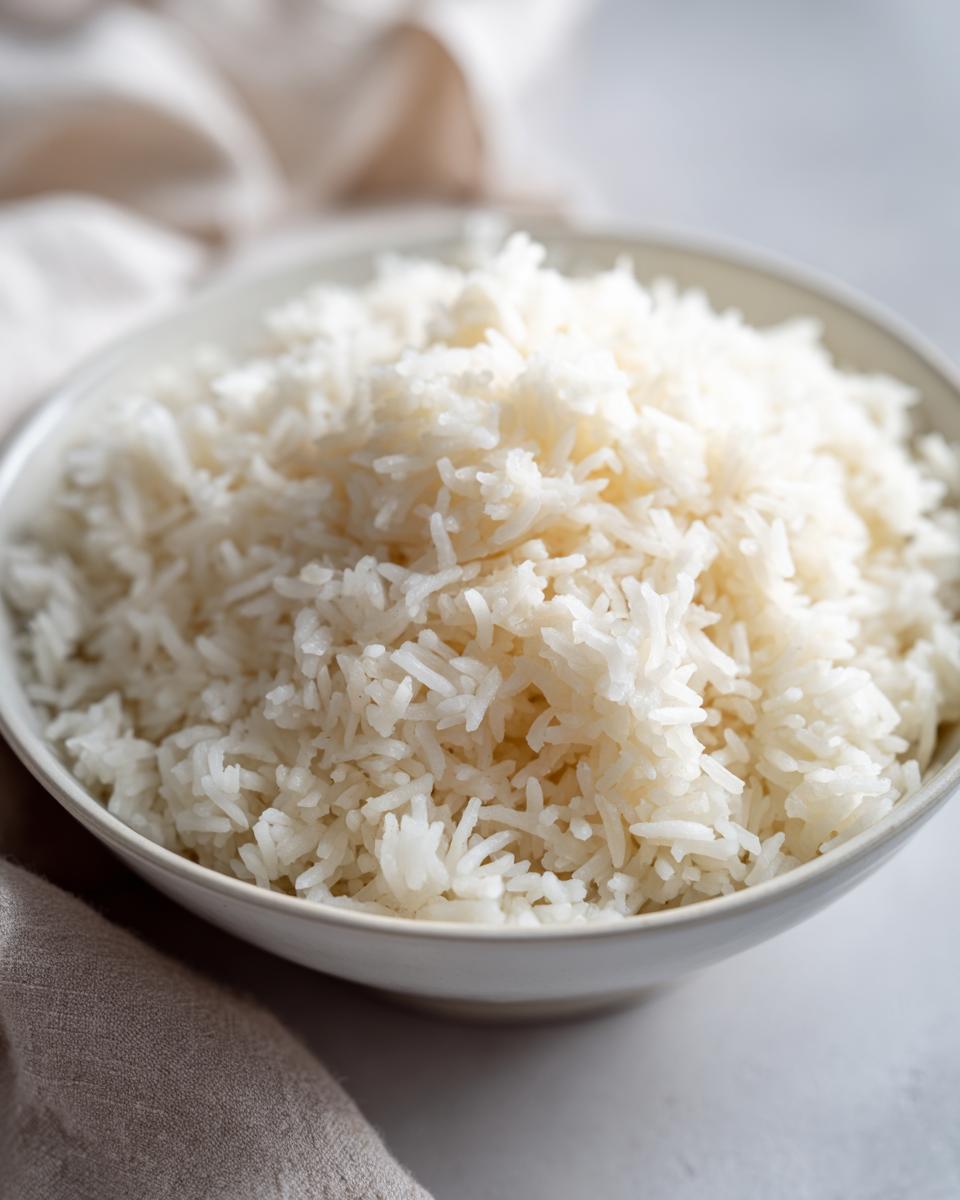 Primer plano de un bol de arroz blanco esponjoso, ideal para recetas con arroz fáciles.