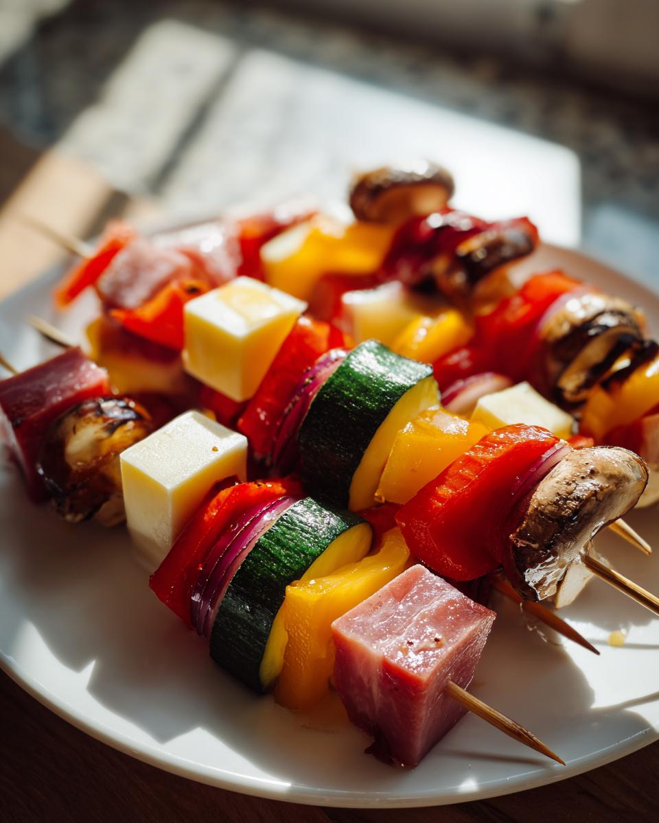 Primer plano de brochetas variadas con trozos de carne, queso, pimiento, calabacín y champiñones, ideales como snacks para Nochevieja.