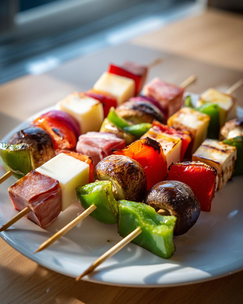 Primer plano de brochetas con queso, pimientos verdes, champiñones y tomates asados, perfectas como snacks para Nochevieja.