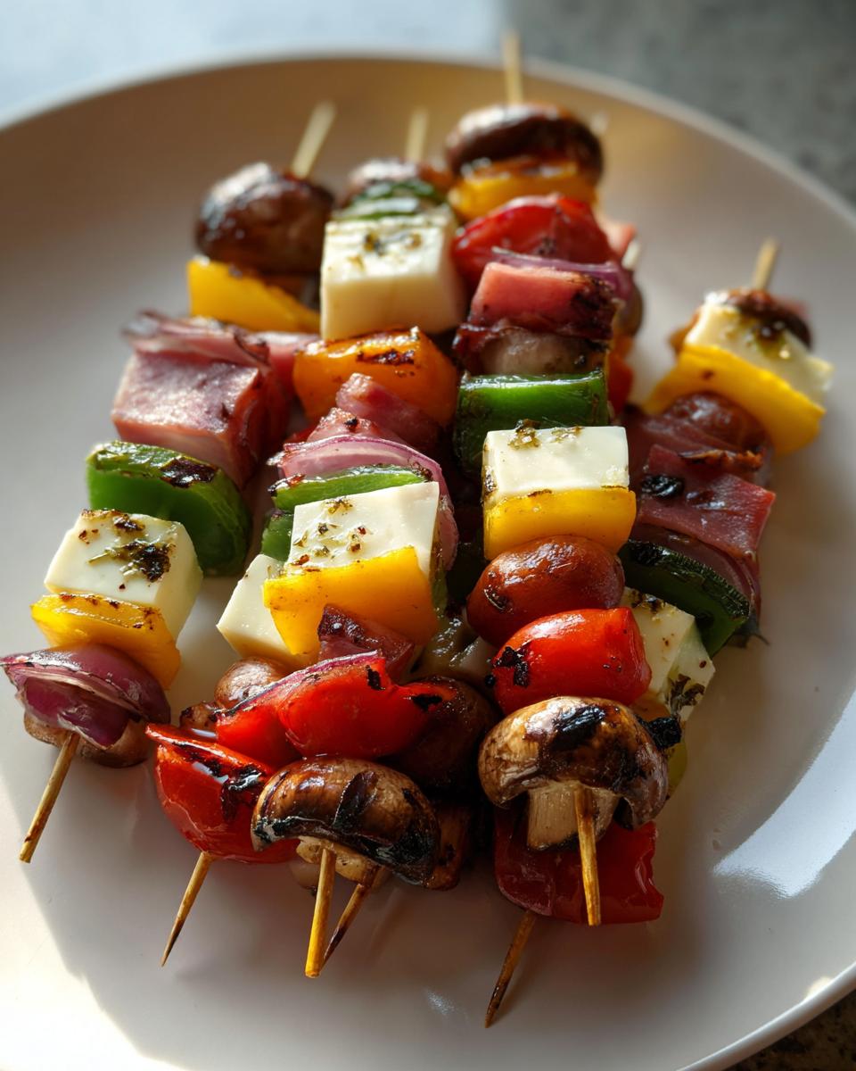 Primer plano de brochetas con queso, pimientos, cebolla morada, champiñones y tomates para snacks de Nochevieja.
