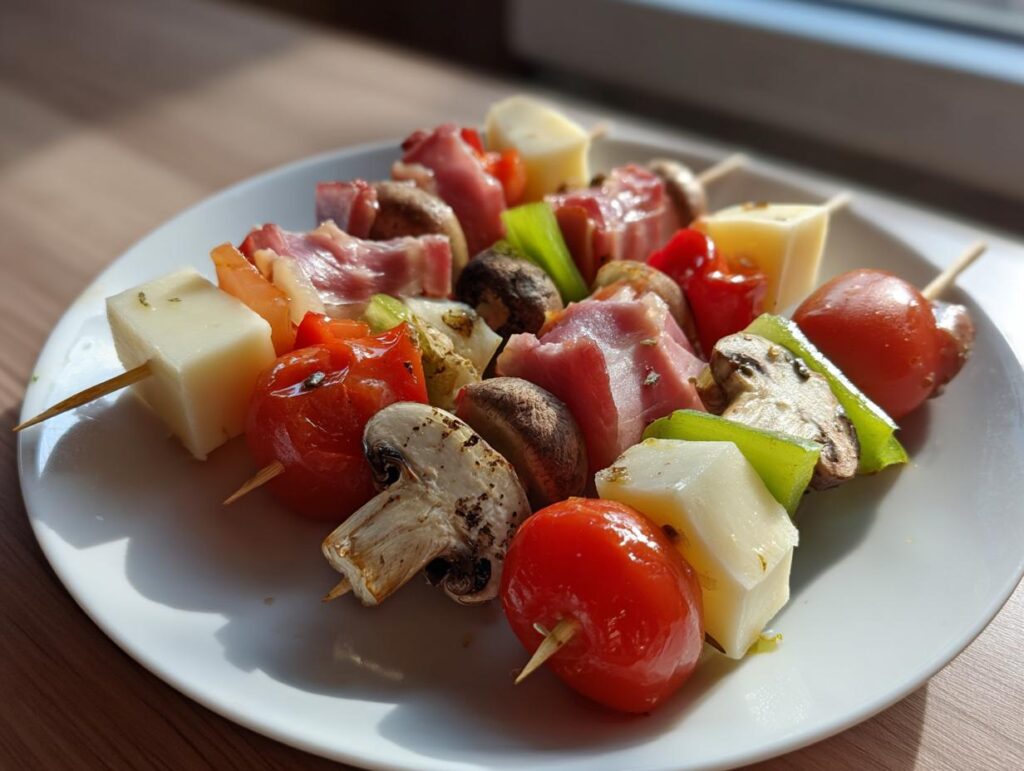 Primer plano de brochetas de snacks para Nochevieja con trozos de queso, tomate, champiñones, pimiento verde y bacon.