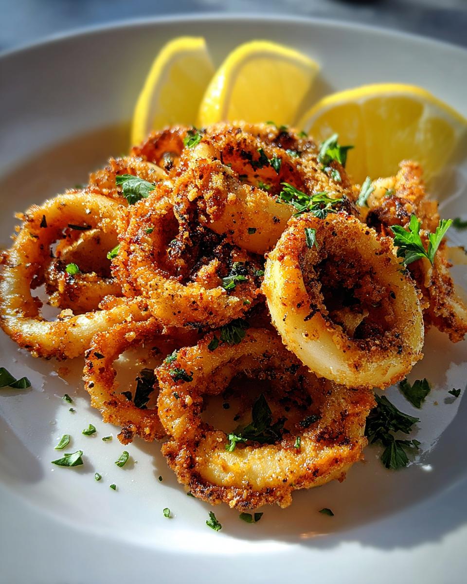 Primer plano de calamares a la plancha crujientes, espolvoreados con perejil fresco y servidos con gajos de limón.