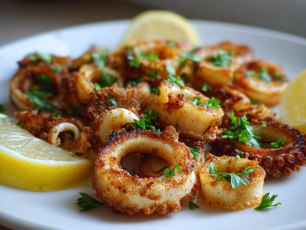 Primer plano de calamares a la plancha dorados, espolvoreados con perejil fresco y acompañados de rodajas de limón.