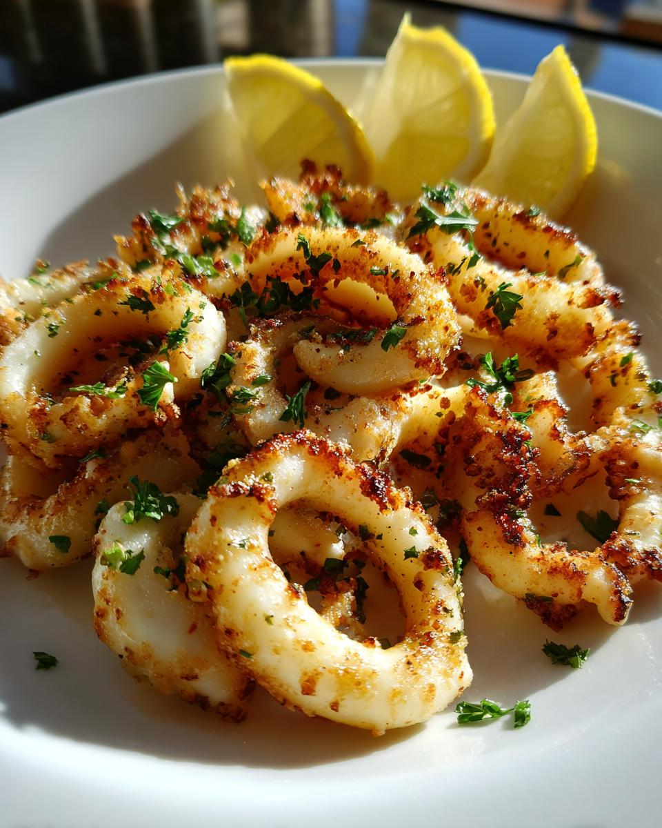 Primer plano de calamares a la plancha dorados y crujientes, espolvoreados con perejil fresco y servidos con gajos de limón.
