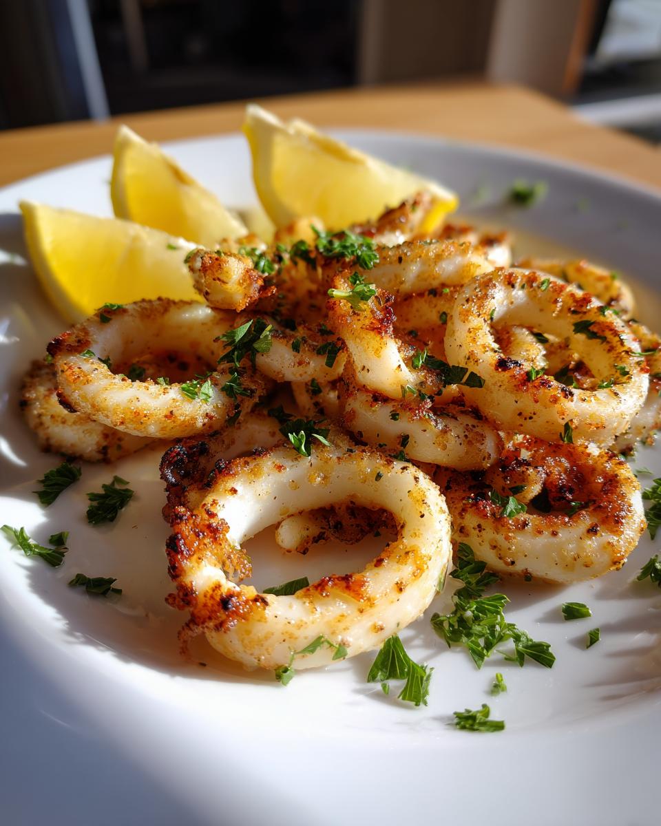 Primer plano de calamares a la plancha servidos en un plato blanco con gajos de limón y perejil picado.