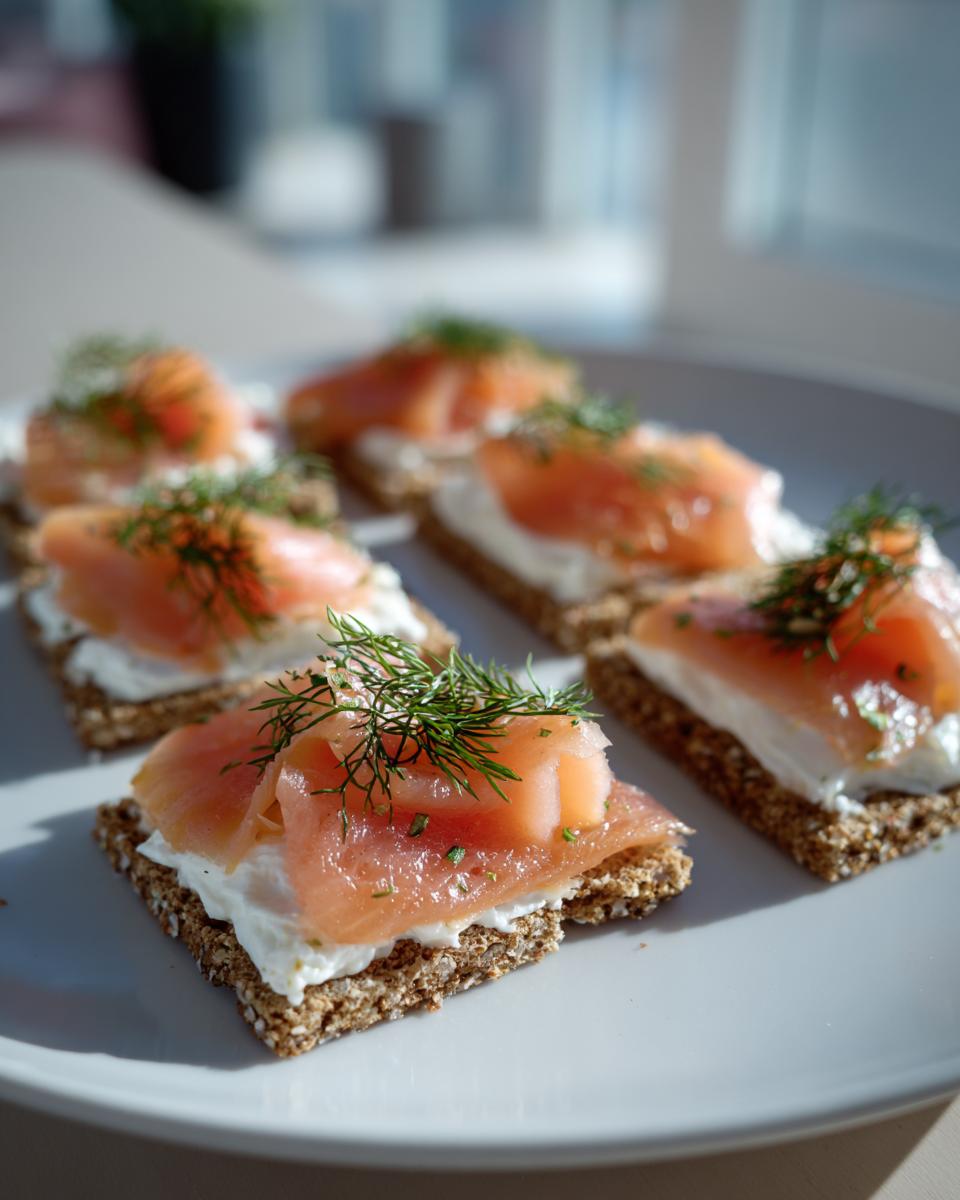 Canapés con salmón ahumado, crema y eneldo sobre pan crujiente, ideales para recetas para nochevieja rápidas.