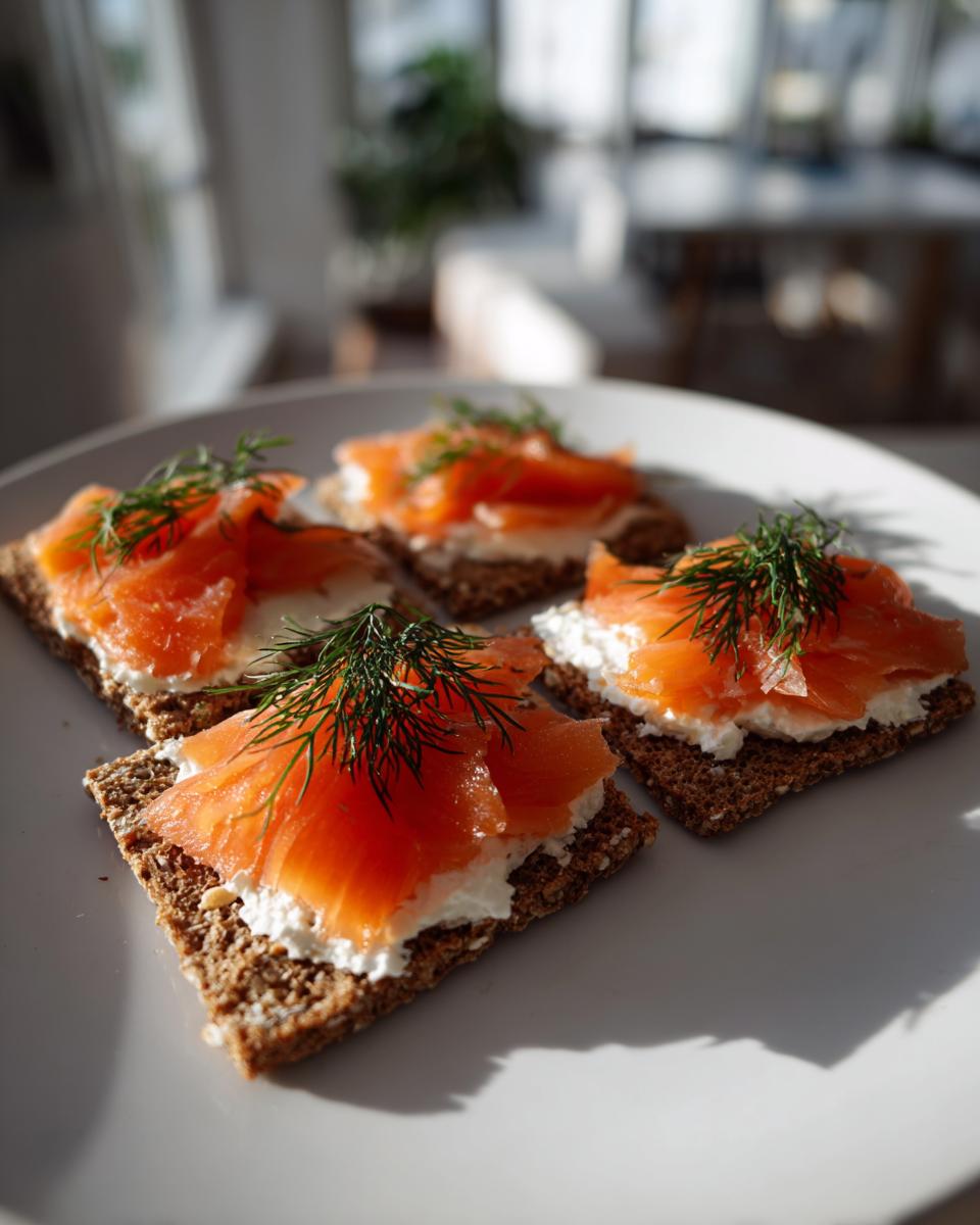 Cuatro canapés con salmón, queso crema y eneldo en pan integral, ideales para recetas para nochevieja rápidas