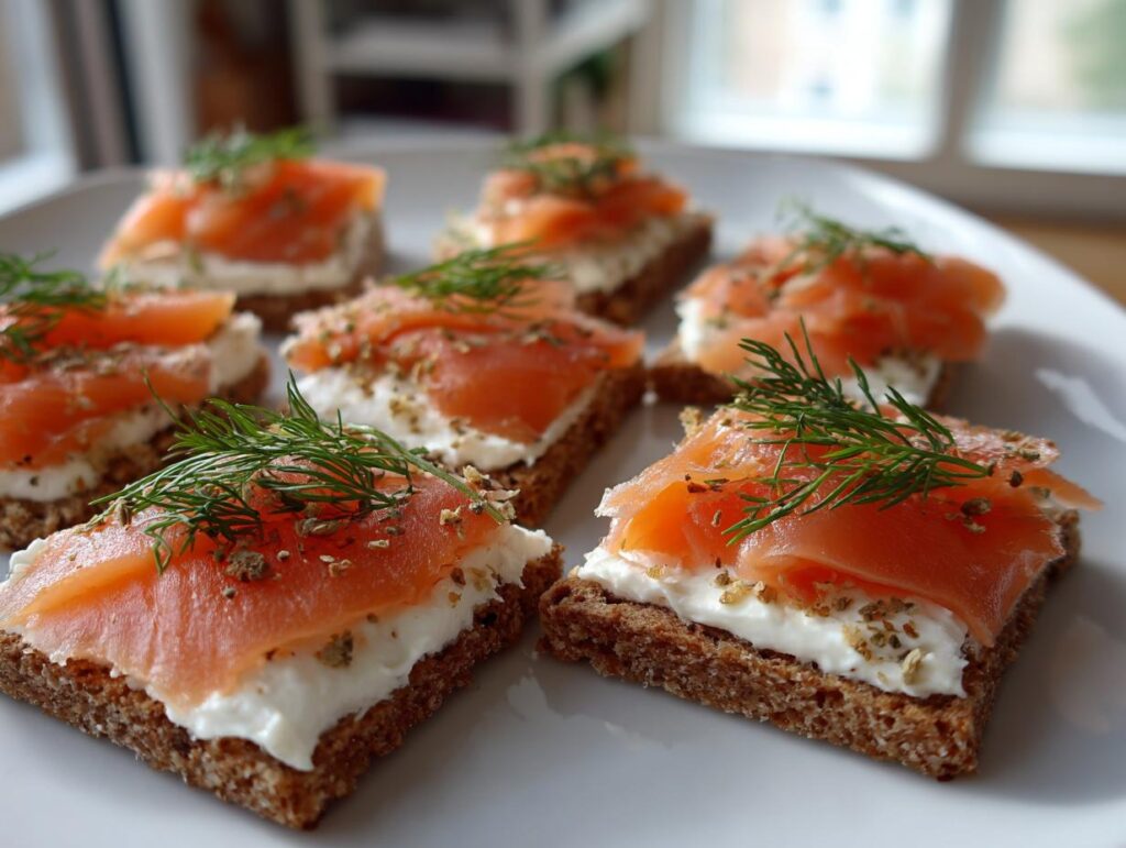 Canapés con salmón, queso crema y eneldo sobre pan integral, ideales para recetas para nochevieja rápidas