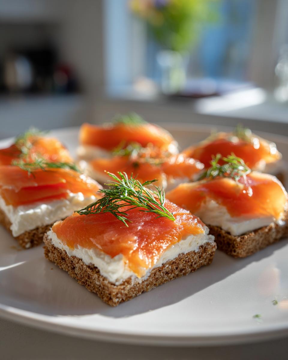 Canapés con salmón ahumado y queso crema sobre pan integral, decorados con eneldo.