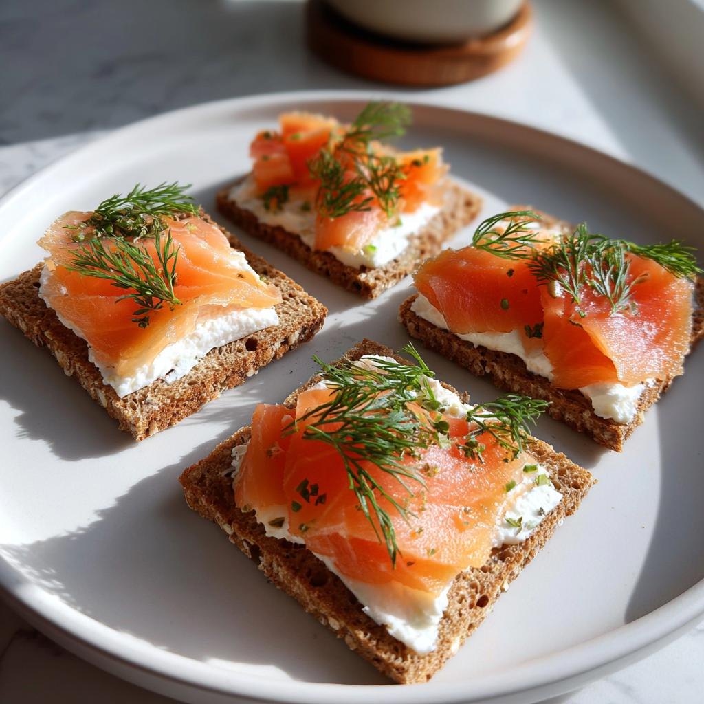 Cuatro canapés con pan integral, queso crema, salmón ahumado y eneldo frescos en un plato blanco.