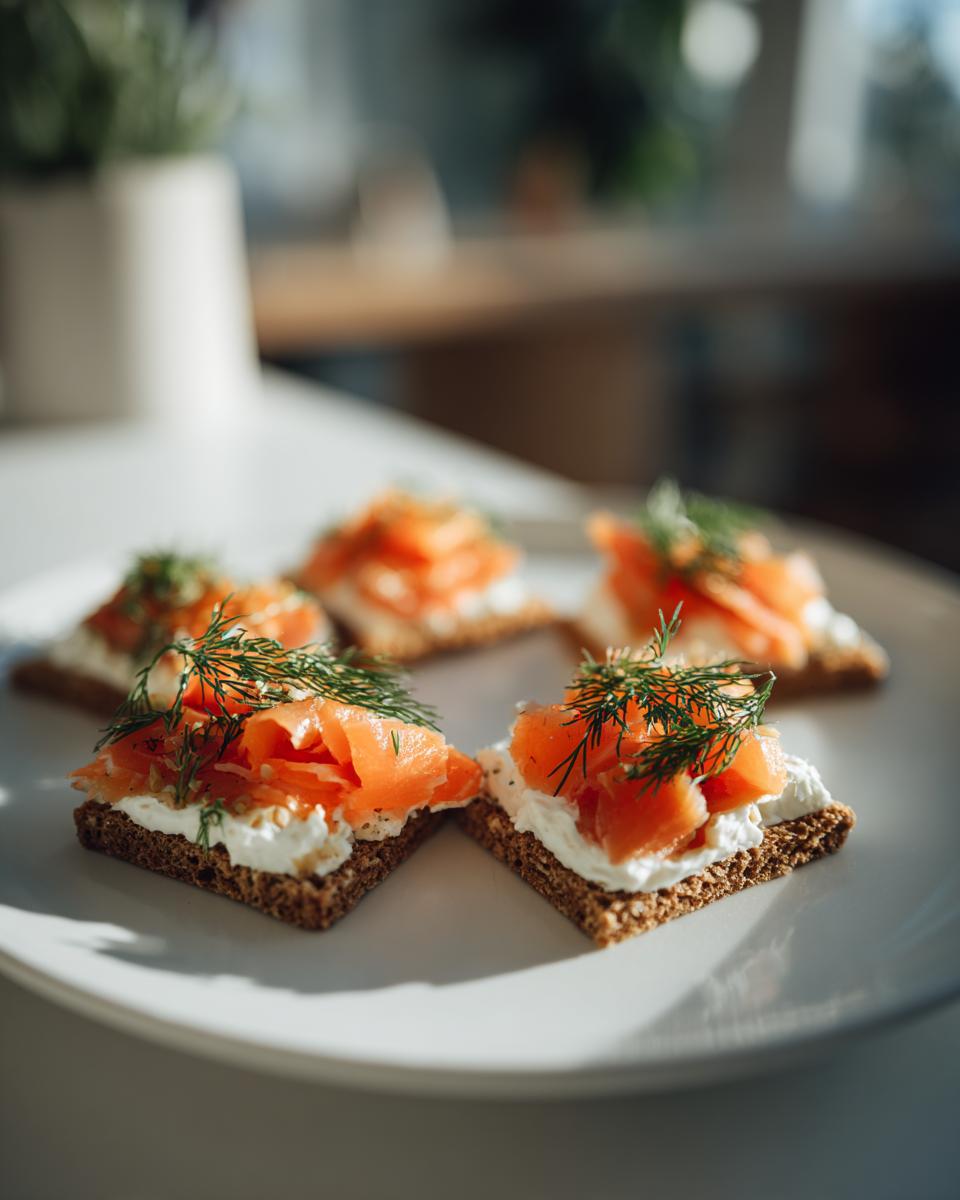 Canapés con salmón ahumado y crema en pan crujiente, perfectos para recetas para nochevieja rápidas.