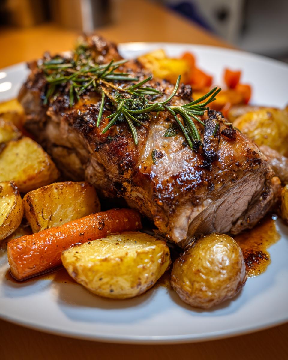 Primer plano de una jugosa carne asada con patatas y zanahorias, decorada con romero, perfecta para una cena de Año Nuevo.