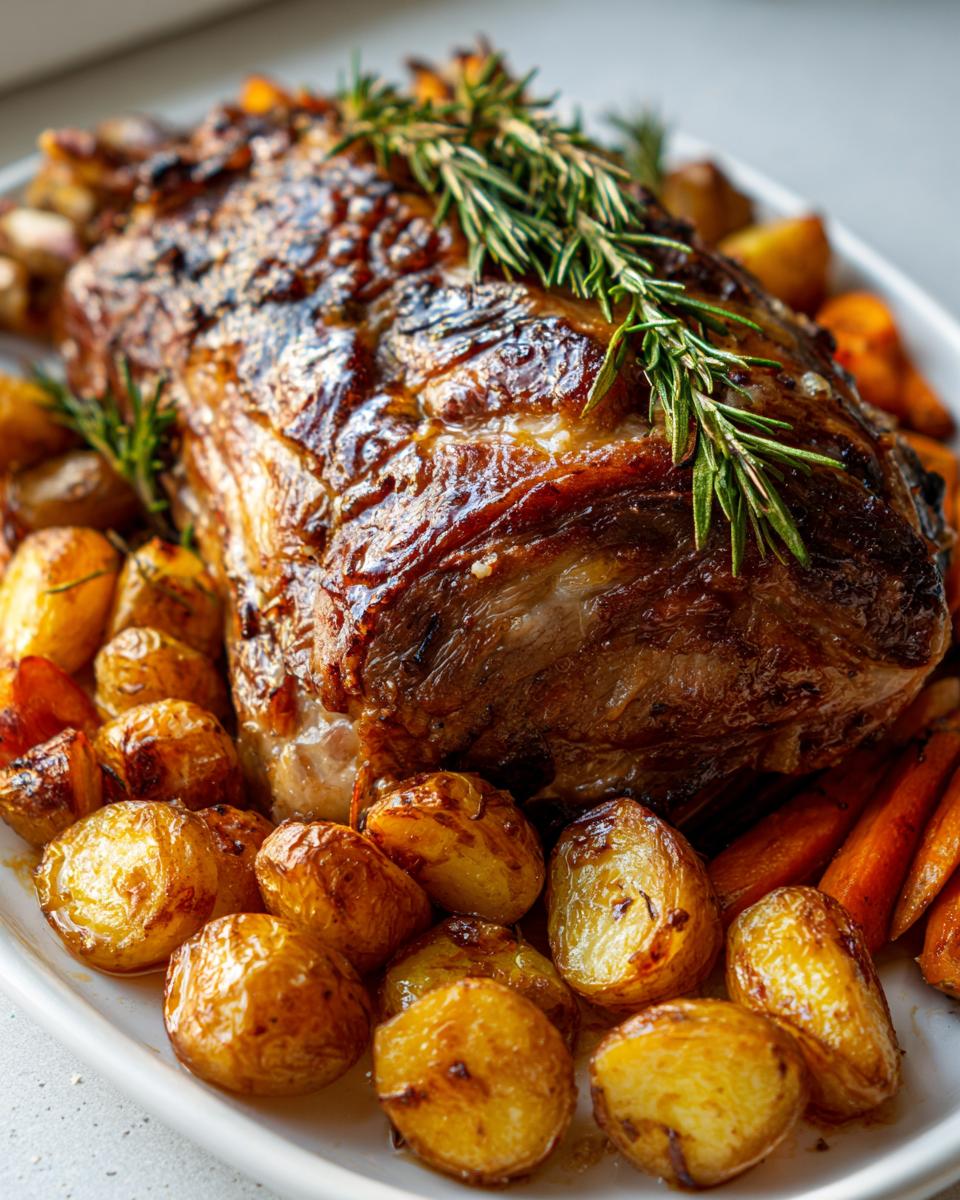 Primer plano de una jugosa carne asada con patatas y zanahorias asadas, decorada con romero, perfecta para una cena de Año Nuevo.