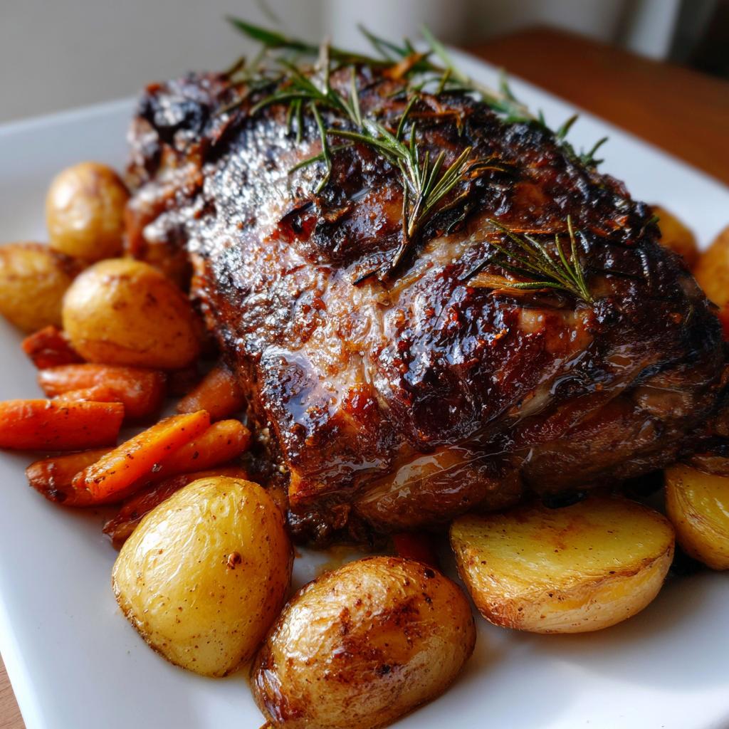 Primer plano de una jugosa carne asada con romero, rodeada de patatas doradas y zanahorias glaseadas, perfecta para una cena de Año Nuevo.
